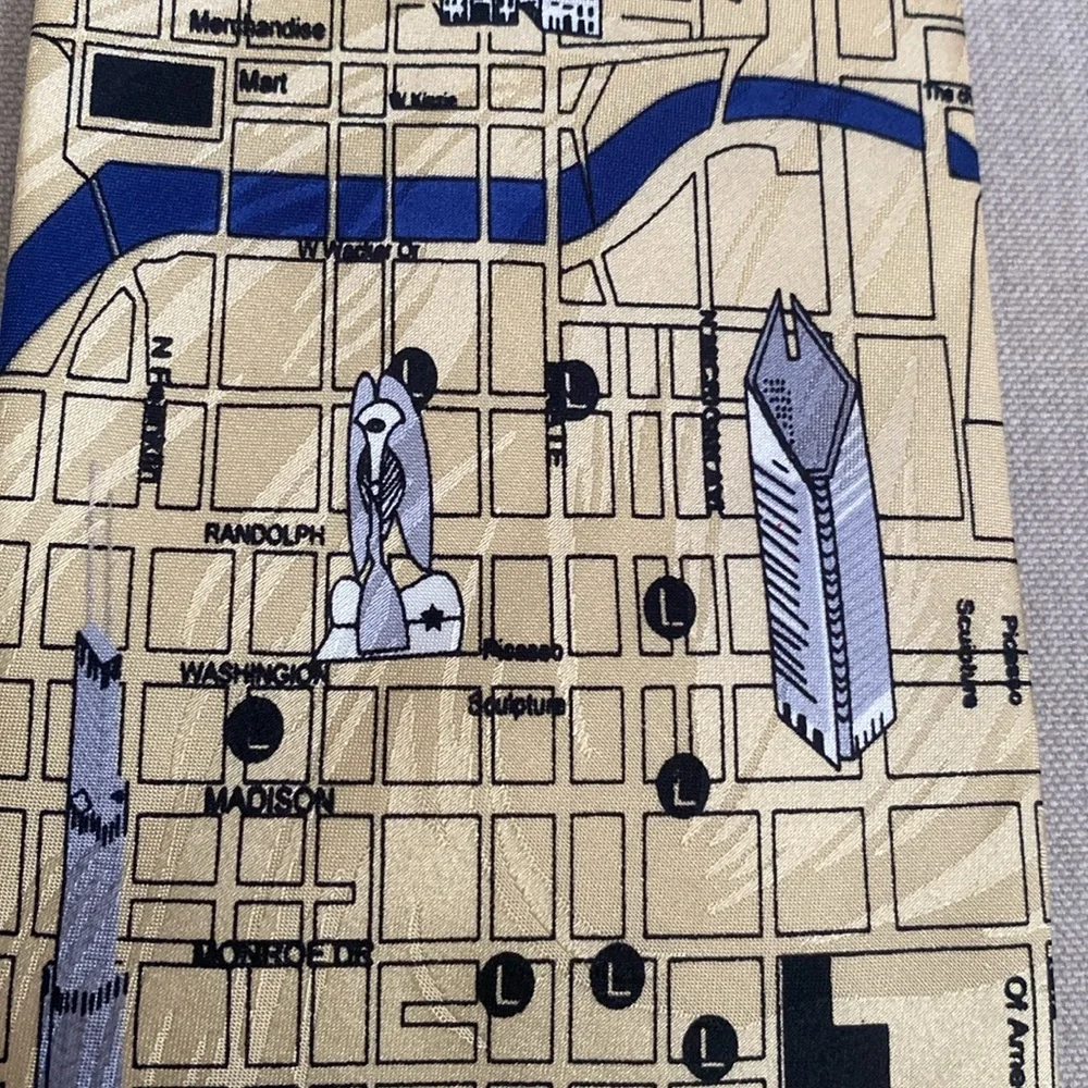 Museum Artifacts Chicago Map Novelty Necktie Silk Landmarks Pizza Hotdog Tie